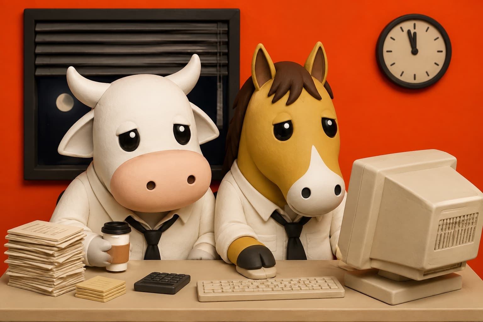 The NIUMA bull and horse in shirts and loose ties, still at their office desk near midnight